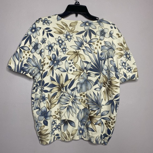 Vintage ALFRED DUNNER Cream Blue Beige Floral Beaded Knit Top Short Sleeve SZ 1X - Picture 2 of 14